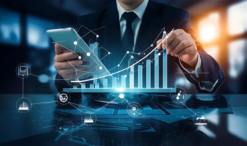 All of technology picture ai created and businessman sitting and pointing digital graph