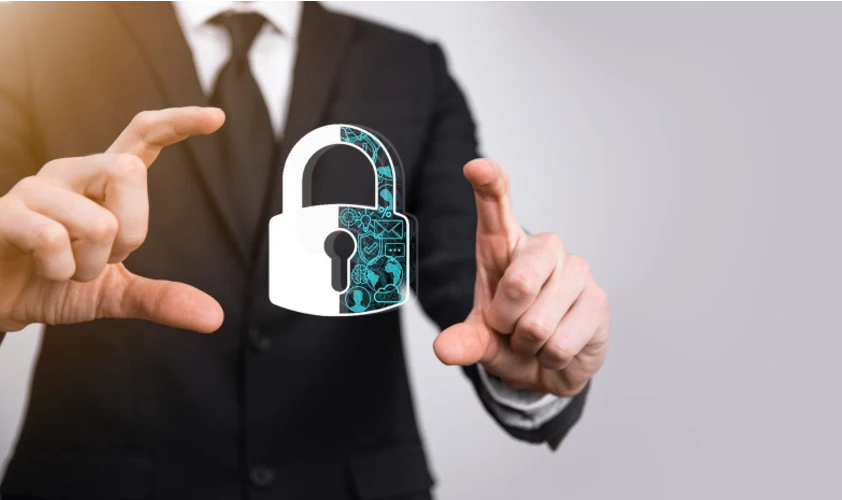 Padlock icon and networking businessman protecting data personal informationvirtual interface data protection privacy concept